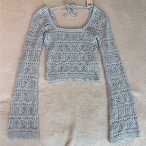 Hollister Light Blue Crochet Long-Sleeve Crop Top